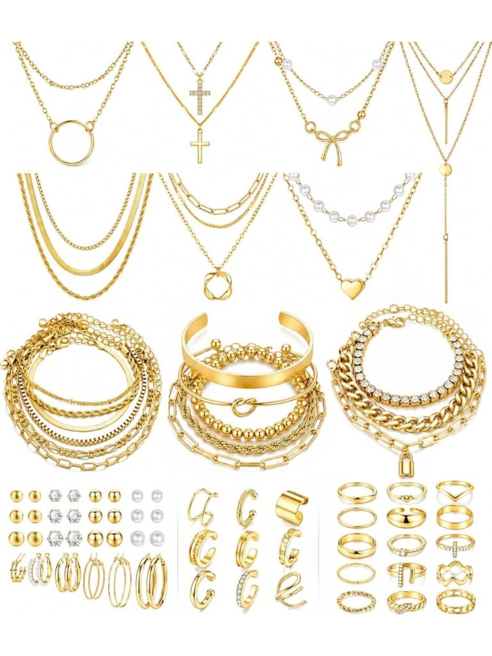 73 Pcs Elegant Gold Jewelry Set for Women - Necklaces, Bracelets, Rings